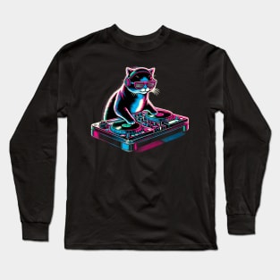 Retro Cat DJ Disco Rave Glow Party Music Funny Cat Long Sleeve T-Shirt